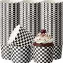 Qinyoung 150 Pcs Race Car Checkered Cupcake Wrappers Liners Black and White Paper Baking Cup Greaseproof Disposable Scalloped Checkered Flag Muffin Case for Racing Car Birthday Party Baby Shower Decor
