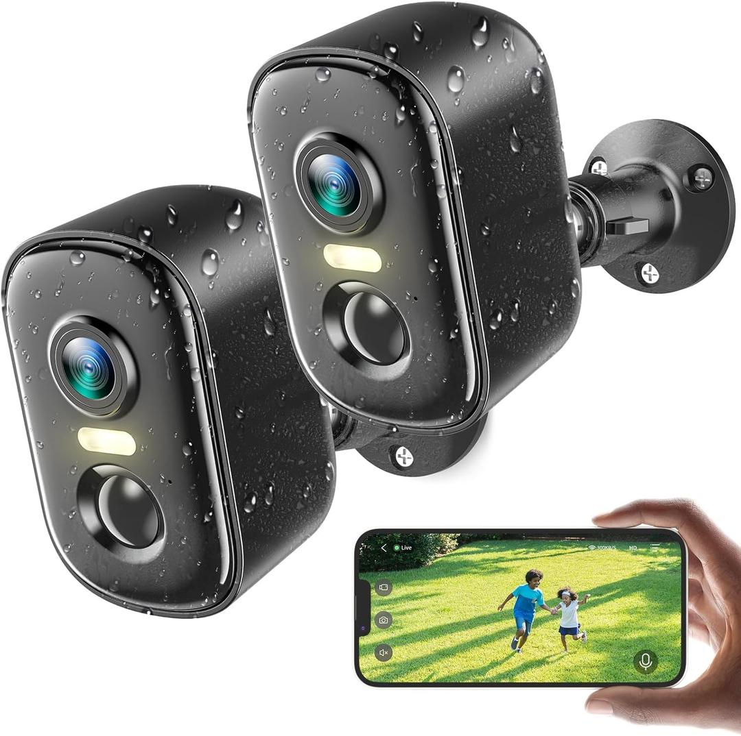 2K Security Cameras Wireless Outdoor, 2 Pack Battery Powered WiFi Cameras for Home Security with AI Motion Detection, Spotlight Color Night Vision, 2-Way Talk, Siren Alarm, IP65, Cloud/SD Storage
