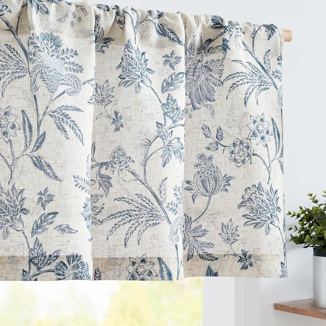 Vangao Linen Valance Curtain Farmhouse Cottage Floral Small Window Curtain Light Filtering for Kitchen Rustic Valance for Living Room Bedroom Rod Pocket 1 Panel Blue on Beige (50"W x 18"L (Pack of 1))