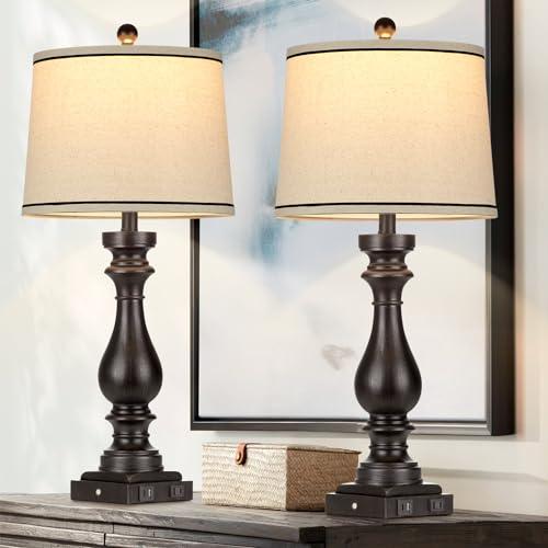 Cinkeda 29" Tall Table Lamp for Living Room Set of 2,Farmhouse Vintage Bedside Nightstand Lamps with USB C+A Ports & AC Outlet,3-Way Dimmable Touch Control Retro Black Lamp for Bedroom,Color 5