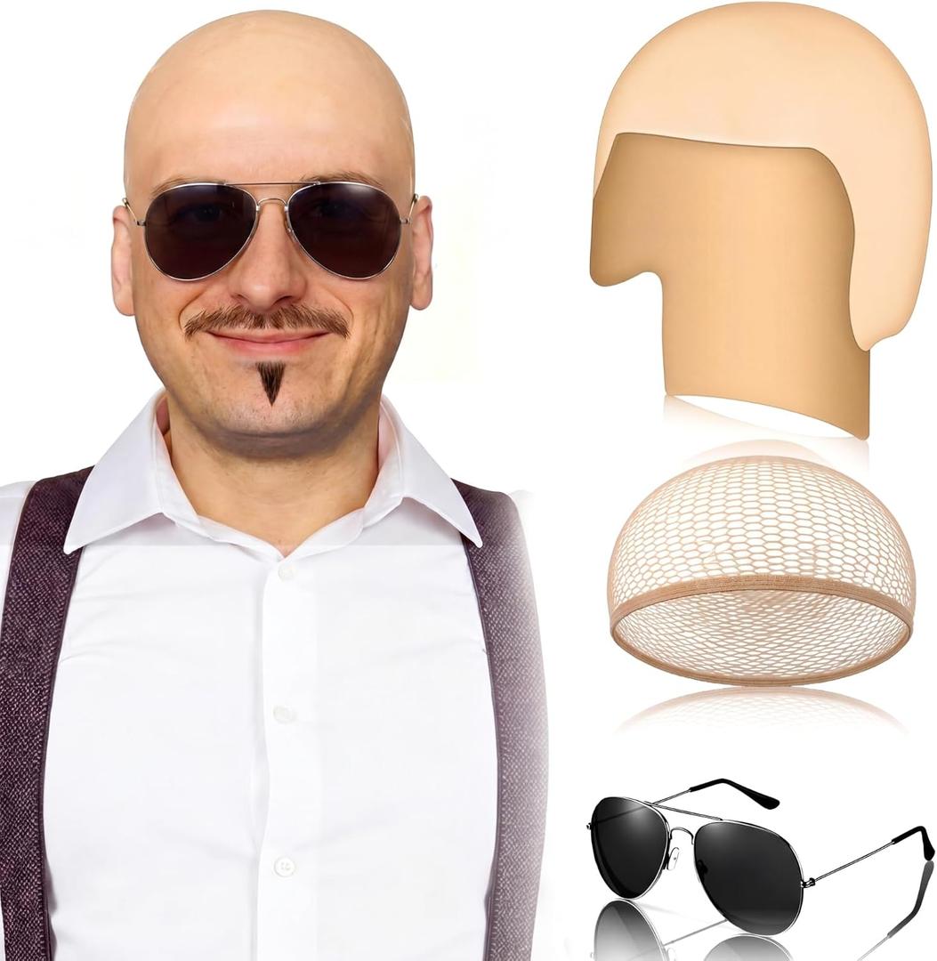 Mepase Halloween Bald Cap with Glasses Bald Head Wig Cap Party Costume Accessories for Adults Women Men Cosplay