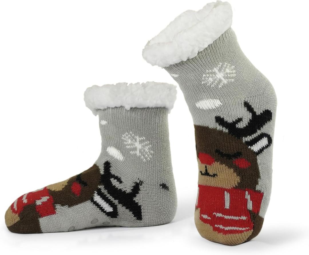 Kids Slipper Socks - Girls and Boys Christmas No Slip Socks - Warm Thick Lining Cozy Indoor Gifts (Gray, L)