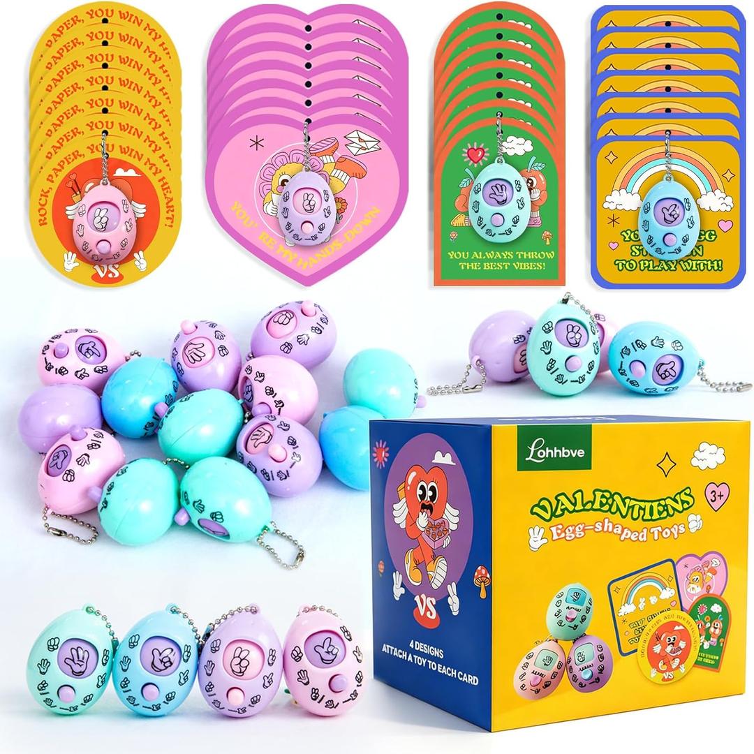 28 Pcs Valentines Day Gifts for Kids Party Favors,Rock Paper Scissors Random Toys with 28 Cards,Valentine Cards for Kids Classroom