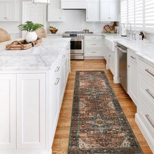 Moynesa Washable Rug Runners for Hallways, Boho 2'6"x8' Runner Rug Non-Slip Ultra-Thin, Long Vintage Oriental Medallion Carpet Runner for Laundry Bedroom Kitchen Bathroom (Brick Red)