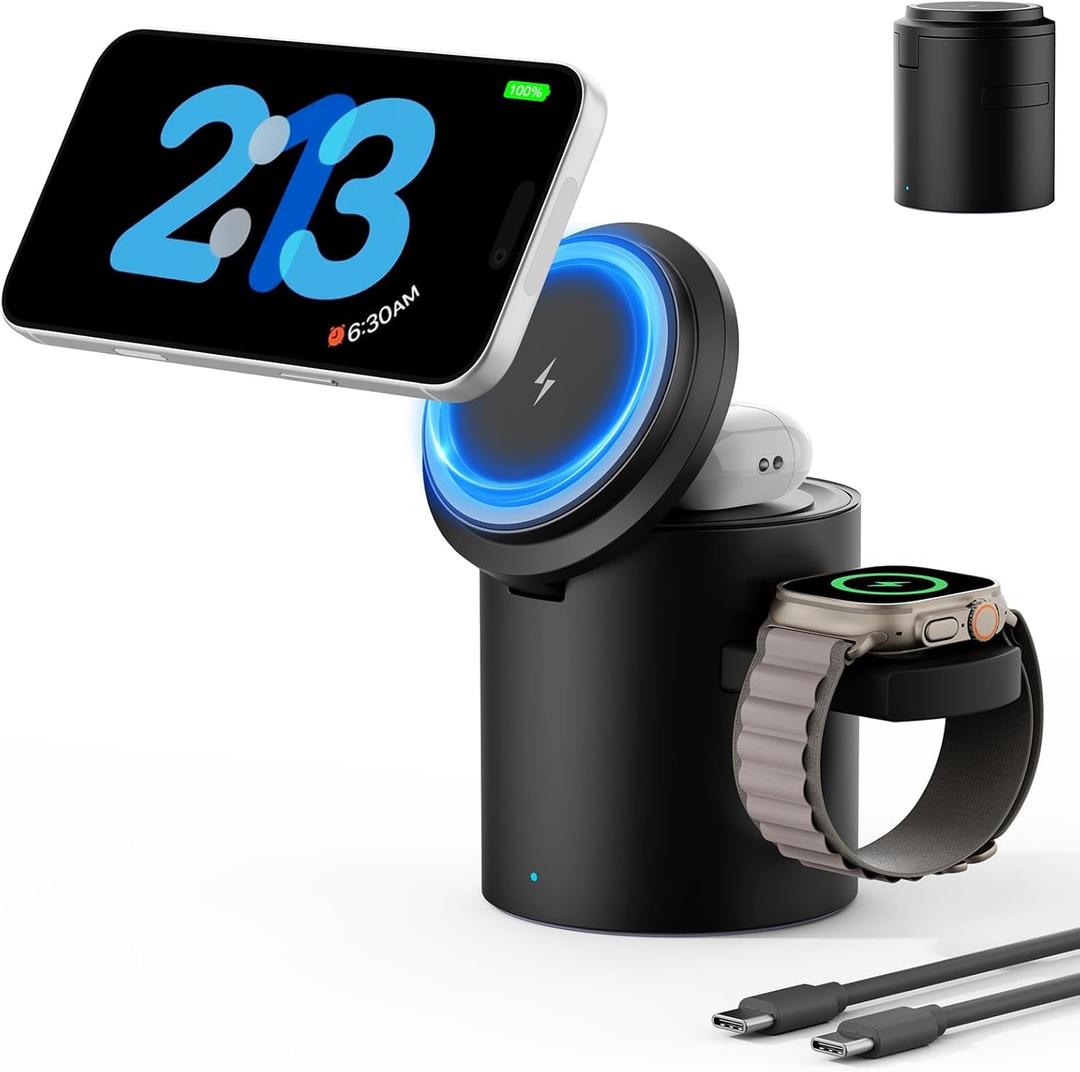 Foldable 3in1 Magnetic Wireless Charger,15W Silent Travel Ready, for iPhone17-12, Fast Charging Station for Apple Watch AirPods, Portable MagSafe Charger with Stand Mode for Travel & Desk