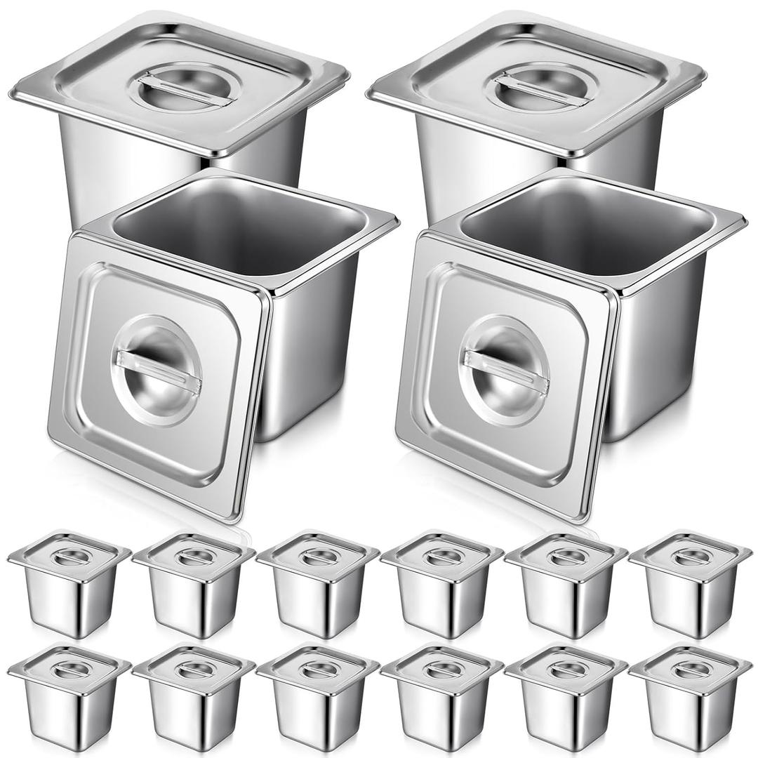 Rtteri 16 Pack 1/6 Stainless Steel Pans with 16 Lids and 2 Tongs 4 Spoons 6 Inch Deep Hotel Pans Catering Food Storage Containers for Commercial Steam Table Hotel Restaurant Buffet Supplies