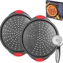 Pizza Pan for Oven (2 PACK), Pizza Baking Trays with Pizza Cutter, Non-Stick Pizza Baking Pan with Perforated Holes and Silicone Handle, Oven & Dishwasher Safe Carbon Steel