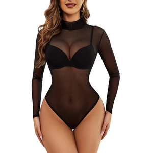 Avidlove Long Sleeve Bodysuit for Women Turtleneck Sheer Mesh Bodysuit Geo Print Leotards M