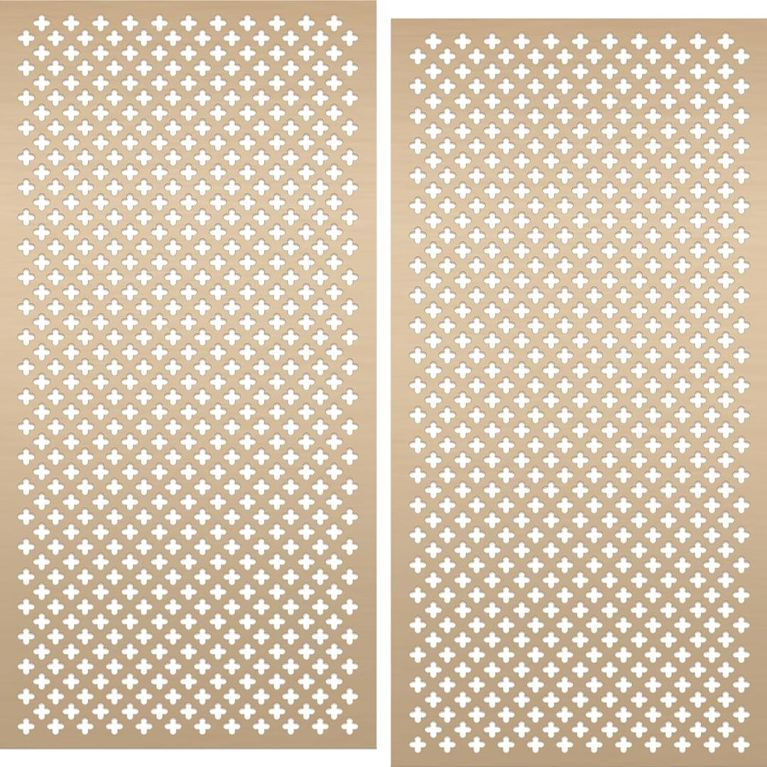 Therwen 2 Pcs Decorative Aluminum Sheet Metal Cloverleaf Sheet 24 x 12 Inch Perforated Metal Panels 0.04 Inch Thick Brass Mesh Decorative Panels for Indoor Outdoor