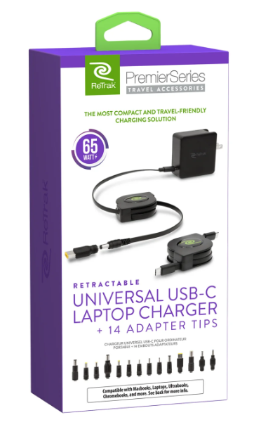 ReTrak 65W Retractable Universal USB-C Laptop Charger with 14 Adapter Tips 