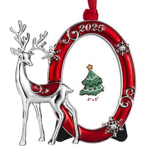 Timelara Christmas Photo Picture Frame, Metal, 3x2 Inches, Hanging Ornaments Pendant Holiday Gift (Red Deer)