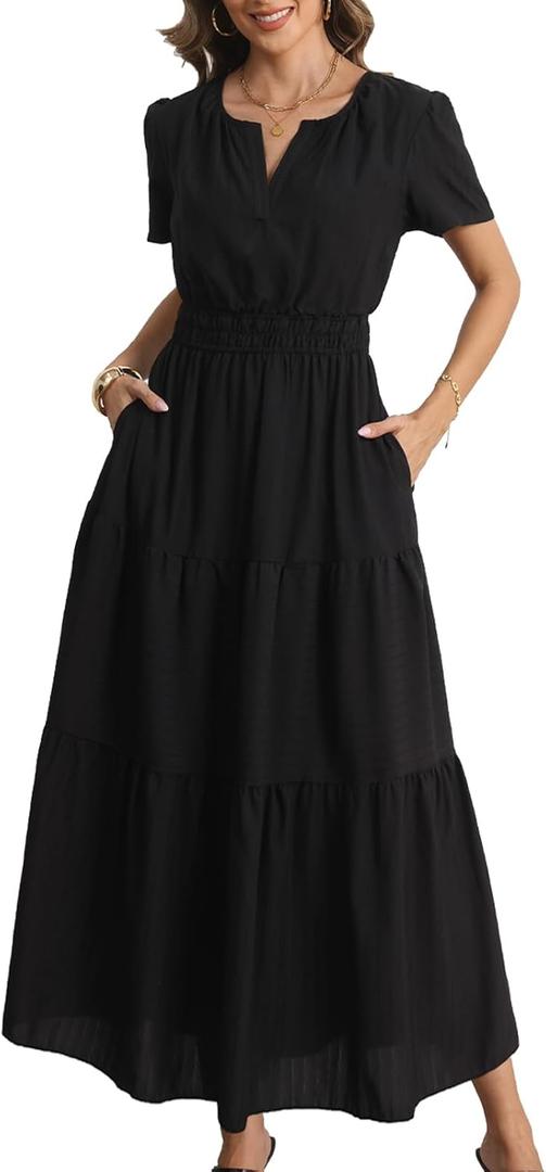 Rainday Womens Casual Maxi Dresses Fashion Holiday Short Sleeved Elastic Waist Beach Boho Dress with Pockets(Z3918BK, 2XL)