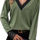 Flamingals Women's V Neck Two Tone Tops Button Cuff Long Sleeve Dressy Casual Christmas Tops Fall Fashion Clothes (XXL)
