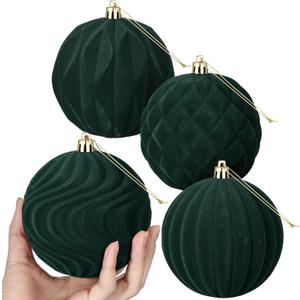 4 Pcs 4 Inch Green Large Velvet Christmas Ball Ornaments Vintage Christmas Plastic Ball Ornaments Flocked Tree Hanging Decoration for Xmas Party Wedding Home Decor
