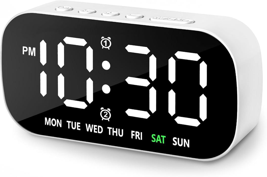 Small Digital Alarm Clocks for Bedrooms, 5 Levels Brightness Dual Alarm 12/24Hr and Snooze Simple Large Numbers Plug in Loud Desk Digital Clock for Heavy Sleepers Adults Teens (White)