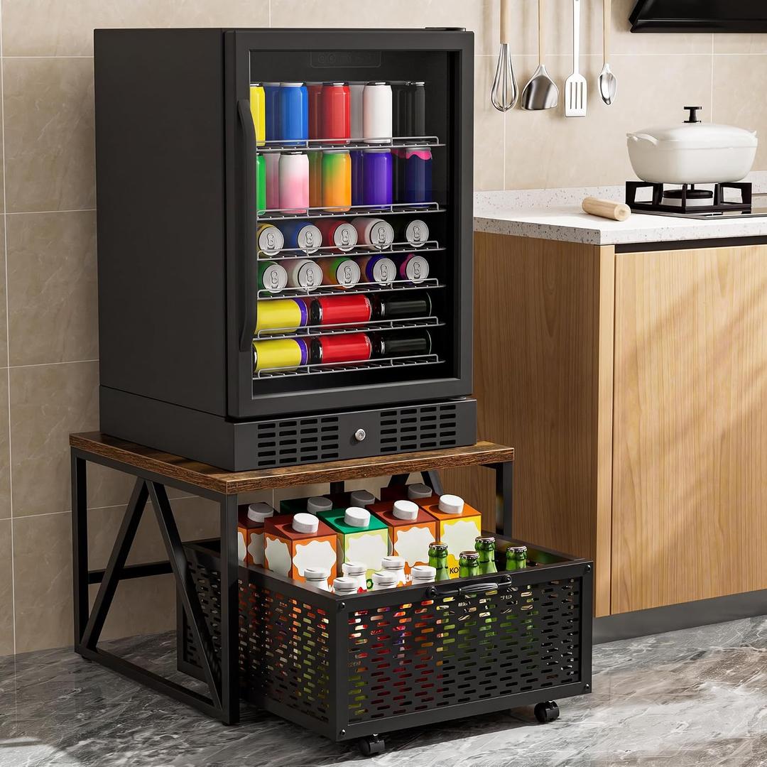 Urban Deco Mini Fridge Stand with Storage, Heavy Duty Fridge Cart with Drawer Basket, Mini Refrigerator Table for 220 LBS, Mobile Fridge Stand with Swivel Wheels for Dorm,Office,Home, Retro Brown, Brown-NW