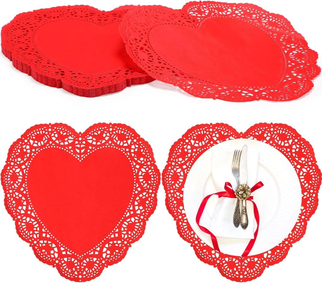 100 Pcs Heart Doilies Heart Paper Doilies Party Lace Paper Place Mats Disposable Placemats for Mother's Day Wedding Birthday Cakes Desserts Snack Tableware Decoration(Red,10 Inch)
