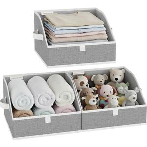 StorageWorks Closet Storage Bins, Trapezoid Organizer Box for Shelves, Fabric Clothes Bin, Foldable Organizing Baskets with Handles, Small, 3-Pack, Gray