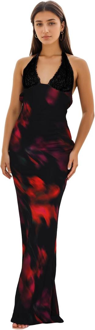 Women Sexy Backless Satin Maxi Dresses Spaghetti Strap Floral Print Dresses Slim Fit Elegant Night Party Outfits (Blue)