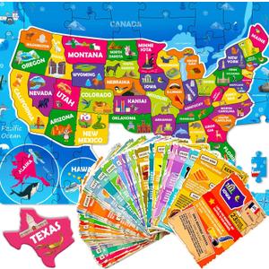 United States Puzzles for Kids Ages 4-6 - 70 Pcs USA Map Kids Puzzle with 50 Cards 400+ USA Facts - State & Capitals Floor Jigsaw Puzzles for Children 6-8 - Educational Toys Gift for Boys Girls