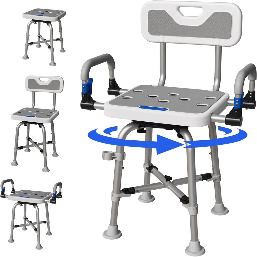 360 Swivel Shower Chair for Elderly and Disabled 400lbs Heavy Duty Bathing Transfer Stool with Armrests & Backrest Adjustable Height Bath Chair for Inside Shower Standard Bathrooms & Bathtubs Gray