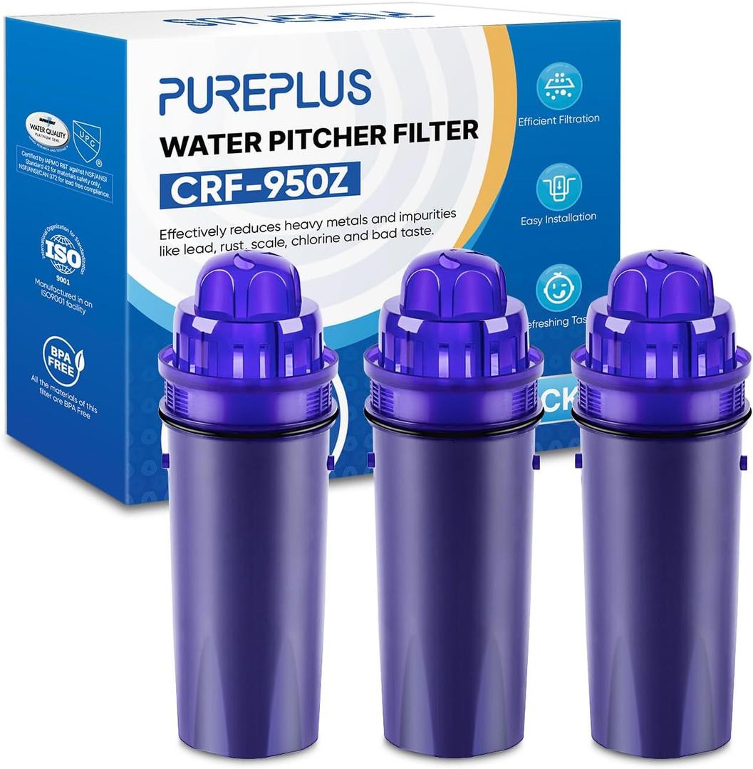 PUREPLUS CRF950Z Pitcher Water Filter Replacement for Pur PPF900Z, PPF951K, PPT700W, CR-1100C, DS-1800Z, CR-6000C, PPT711W, PPT711, PPT710W, PPT111W, PPT111R Pitchers and Dispensers,3PACK