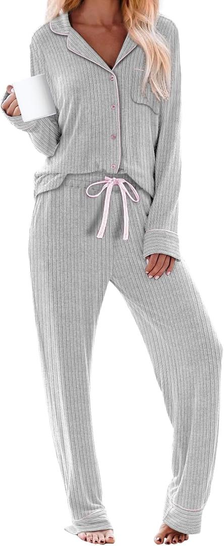 Women's Pajama Sets Long Sleeve Button Down Soft Knit Sleepwear Pjs 2 Piece Lounge Set (L)