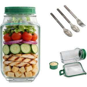 Portable Side Open Salad Jar with Leakproof Dressing Container - Removable Lid Converts to Bowl, Food Grade Reusable, Freezer Dishwasher Safe for Meal Prep Work Travel