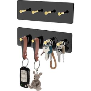 NiHome Acrylic Key Holder Wall Mount Adhesive 2 Pcs, Key Hanger with 4 Metal Longer Hooks for Wall to Hold Larger Straps, Key Rack Organizer for Doorway Entryway Kitchen Office RV (Black/Gold)