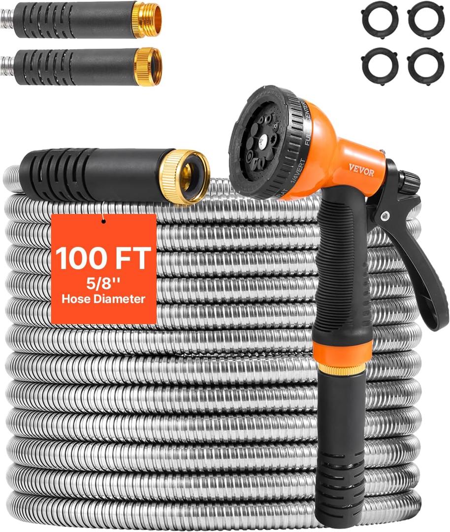 VEVOR Garden Hose Metal 100FT – Heavy Duty Stainless Steel Water Hose, Flexible, No Kink & Tangle, Puncture Resistant & Rust Proof, Lightweight w/ 10Function Spray Nozzle for Yard, Outdoor, Gardening