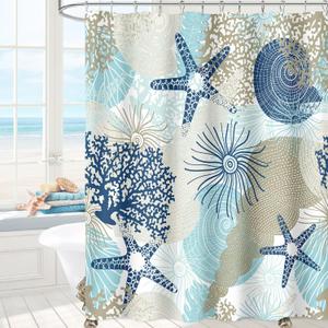 Beach Ocean Themed Shower Curtain, Cute Nautical Coastal Shower Curtain for Bathroom Decor, Summer Tropical Seashell Starfish Coral Fabric Shower Curtain Set with Hooks, Teal Blue, 72x72