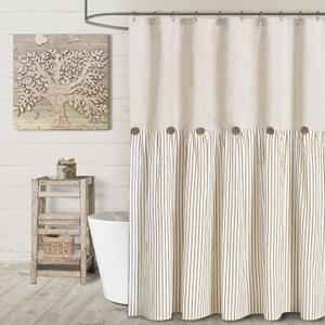 Awellife Farmhouse Beige Shower Curtain Button Linen Textured Woven Fabric,Pleated Beige Stripe,Country Style,72x72 Inch