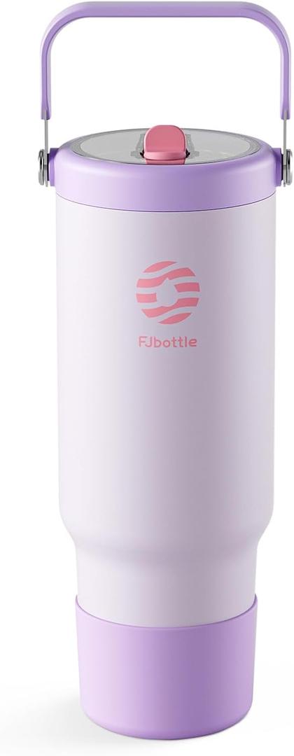Fjbottle 40 oz Insulated Tumbler with Handle and Straw, Stainless Steel Water Bottle, Leak Proof Travel Coffee Cup with Silicone Boot for Car Gym Purple