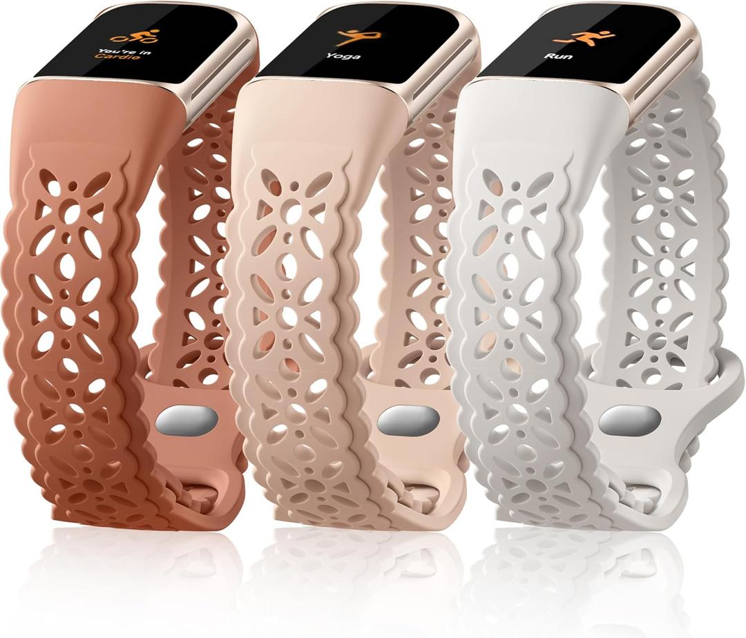 Maledan Compatible with Fitbit Charge 6 Bands for Women and Fitbit Charge 5 Bands, 3 Pack Cute Lace Silicone Flower Pattern Breathable Sport Bands Replacement Watch Strap for Fitbit Charge 5/ Charge 6 (fits 5.5" - 8.2" (14-21cm) wrist, 3-Starlight/ Brown/ Milk Tea)