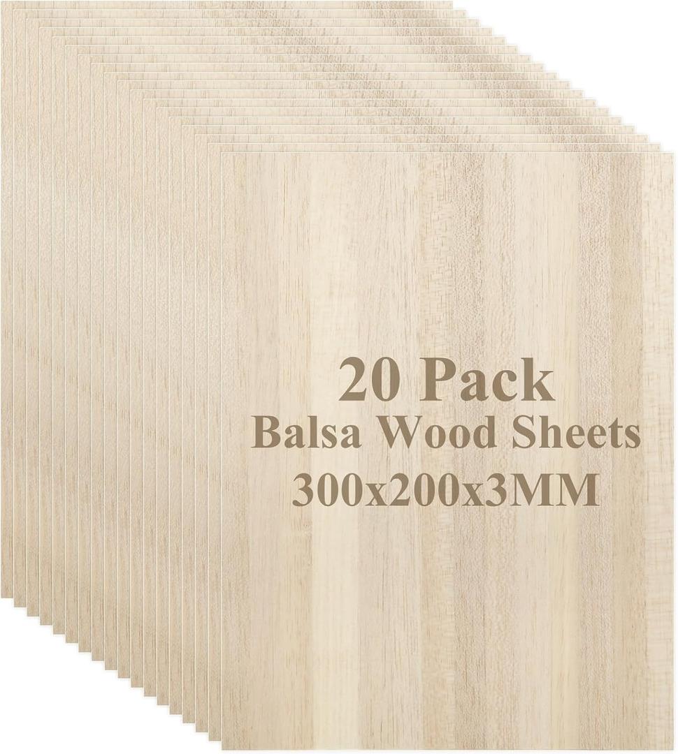 MIVIDE 20 Pack Balsa Wood, 7.8x11.8x1/8 Balsa Wood Sheet, Thin Natural Unfinished Wood Boards for Wooden DIY Ornaments, Crafts, Hobby, Model Making, School and Laser Projects200x300x3MM