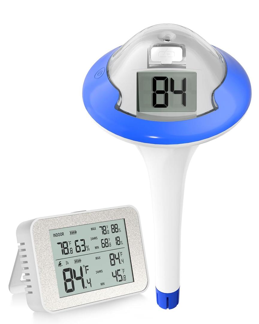 BALDR Digital Pool Thermometer Wireless, with Indoor Temperature Monitor, IPX7 Waterproofing and Larger Digital Display Easy to Read, The Indoor and Pool Temperatures at Your Fingertips (Sapphire Blue-kit)