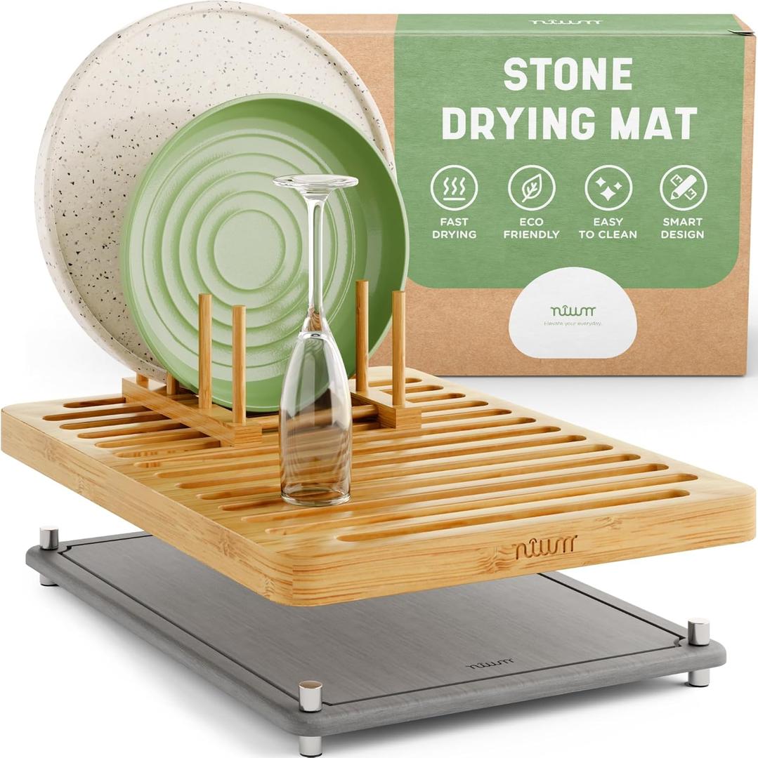 NIUM Stone Drying Mat for Kitchen Counter & Bamboo Rack - 16x12 - Diatomaceous Earth Dish drying mat Ultra Absorbent & Fast Drying - EcoFriendly with Non-Slip Pads & Anti-Moisture Design