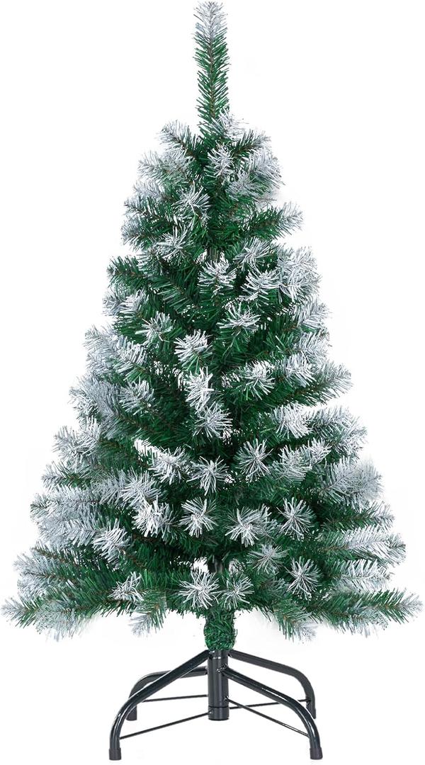3Ft Artificial Christmas Tree Green Tabletop Christmas Tree with Flocking Snow Frost Tips Metal Stand Mini Xmas Pine Tree for Party Supplies Indoor Outdoor Holiday Home Decoration