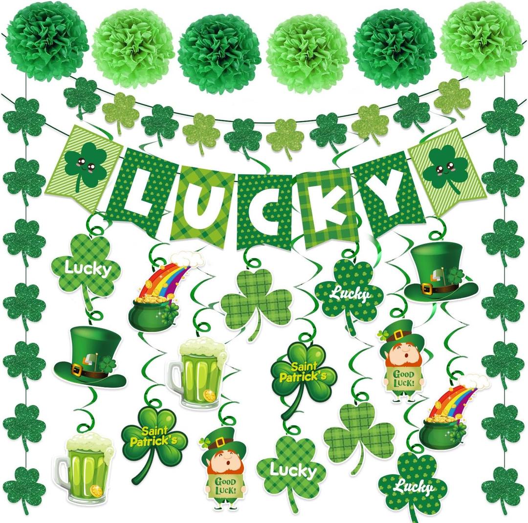 St. Patrick's Day Decorations Kit, Lucky Banner, Glitter Garlands, Pom Poms & Hanging Swirls, Shamrock Party Decor for Home Party