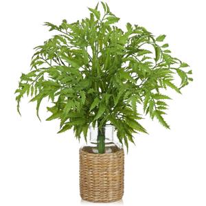 Faux Greenery Stems in Vase Aritificial Fern Plant in Glass Vase with Faux Water & Woven Cover Small Fake Desk Plants Greenery Centerpieces for Farmhouse Kitchen Dinner Tables Shelves Plants Decor
