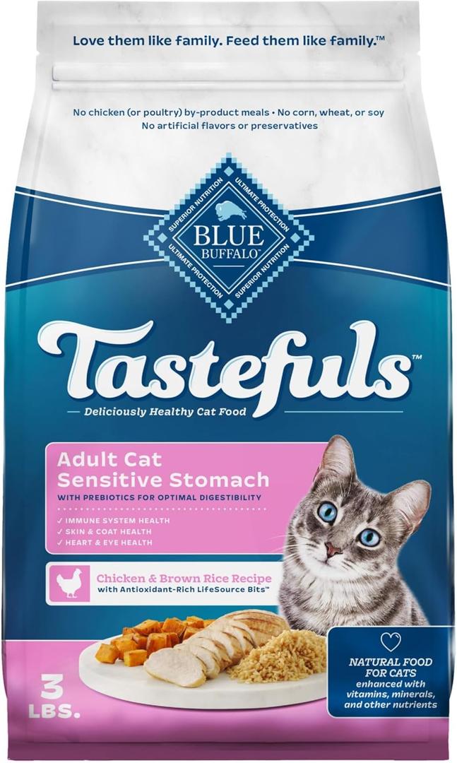 5 x Blue Buffalo Tastefuls Natural Dry Food for Adult Cats, Sensitive Stomach, Chicken & Brown Rice Recipe, 3-lb. Resealable Bag (EXP 11/11/26)