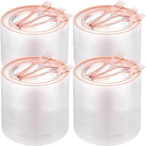 300 Pcs Rose Gold Plastic Dessert Plates Set 150 Clear Disposable Dessert Plates 6 Inch and 150 Plastic Appetizer Forks for Wedding Birthday Party Baby Bridal Shower(Rose Gold)