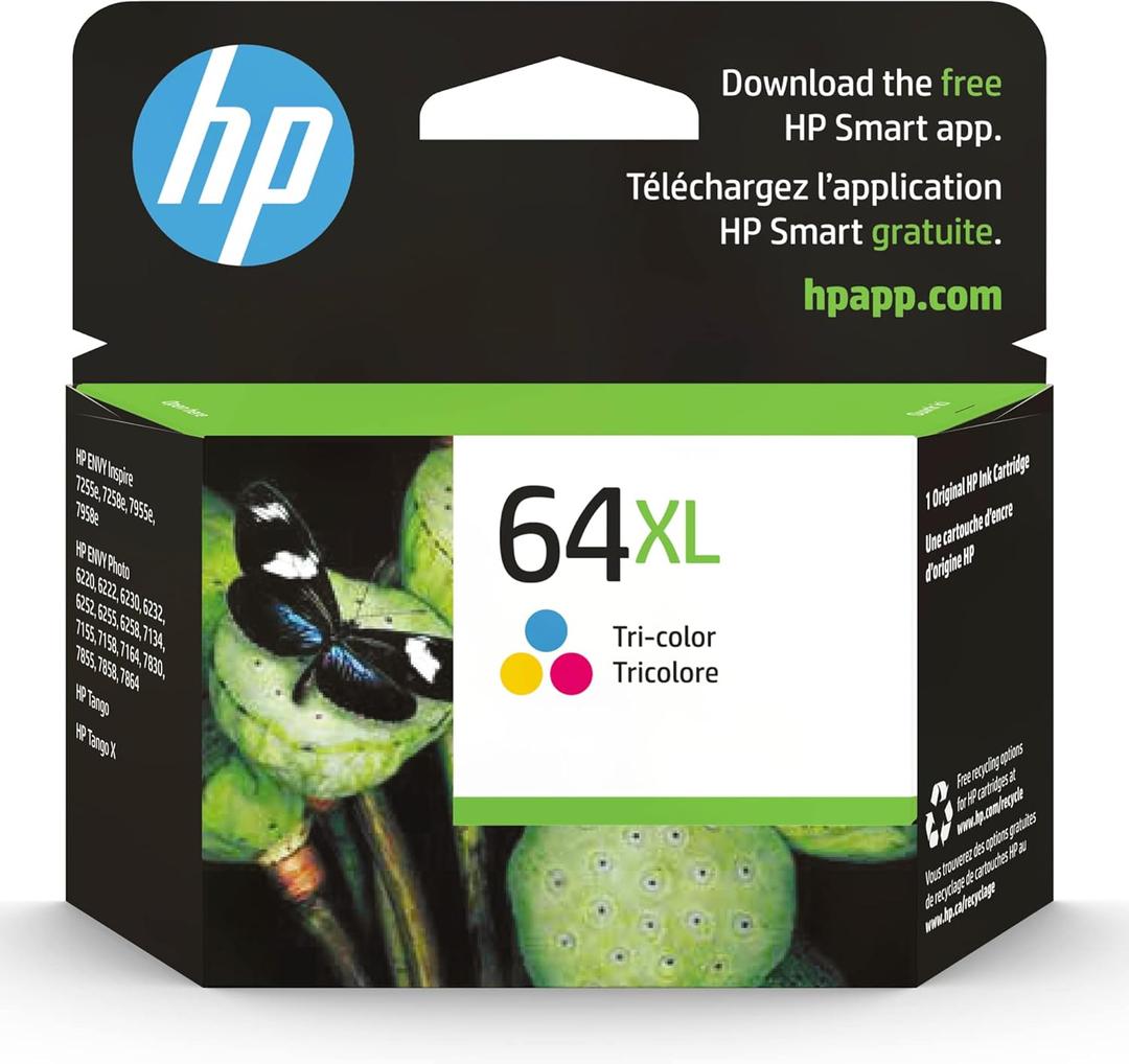 HP 64XL Tri-Color High-Yield Ink Cartridge Printers | Works with Printer Series: Envy Inspire 7950e; Envy Photo 6200, 7100, 7800; Tango | Eligible for Instant Ink | N9J91AN