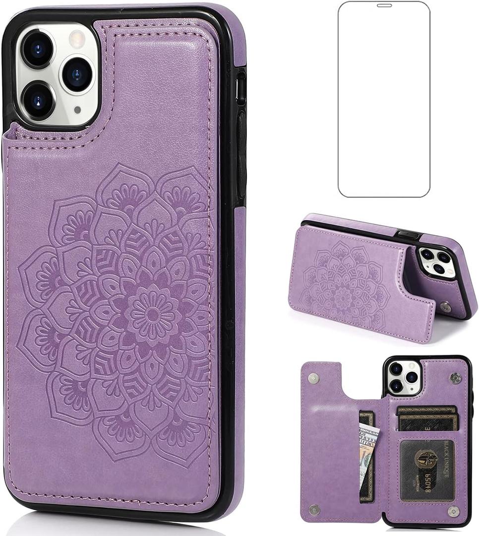 Asuwish Compatible with iPhone 11 Pro 2019 5.8 inch Case and Tempered Glass Screen Protector Cover Cell Card Holder Slot Kickstand Flip Wallet Phone Cases for iPhone11pro iPhone11 11pro i XI Purple