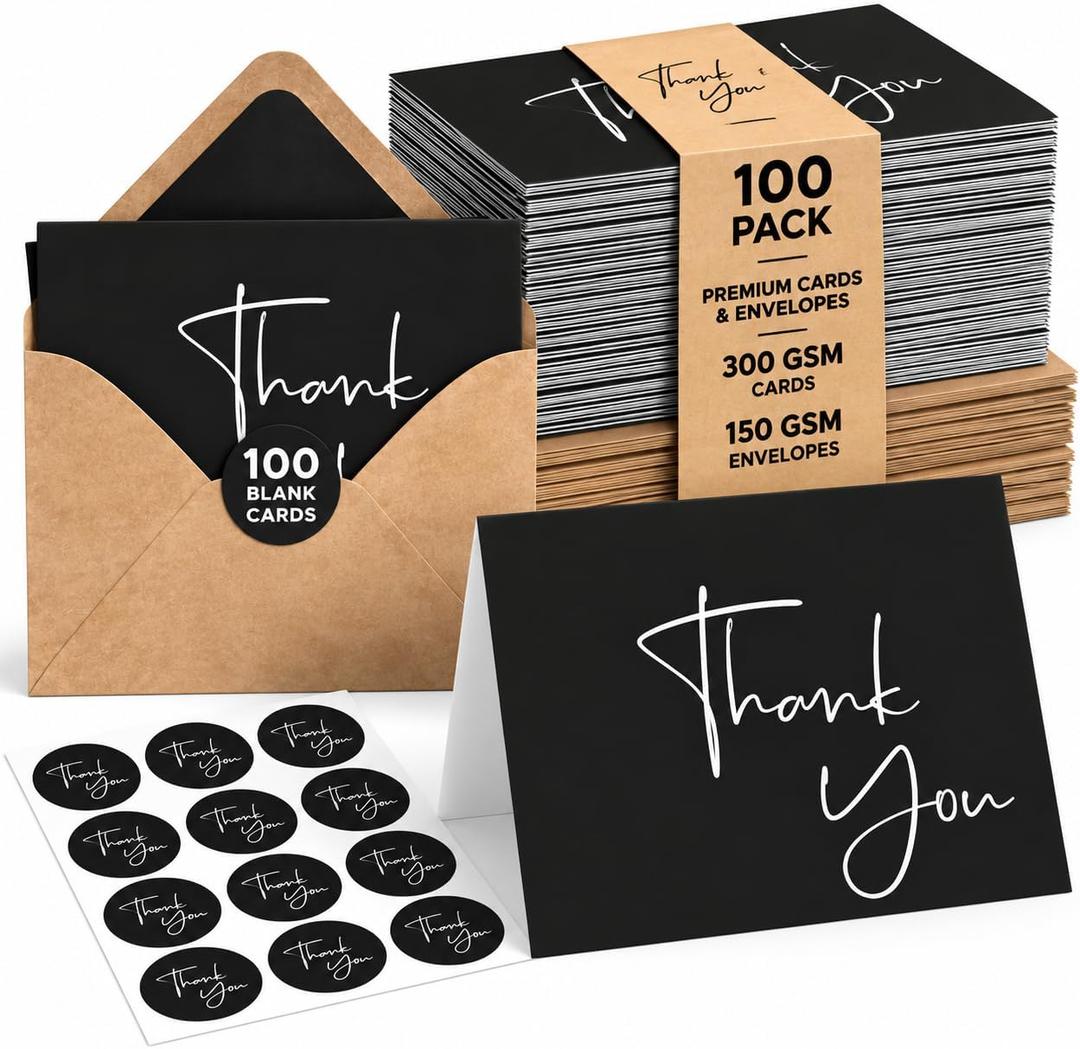 VNS Creations Thank You Cards With Envelopes -100 Pack 4 x 6 Blank - Black
Thick 300 GSM, Thank You Notes Bulk Box Set & Stickers, Large Note Card Small Business, Wedding, Baby Shower & Bridal Shower