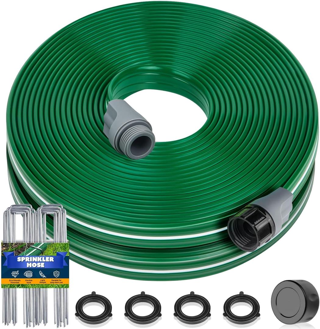 Jin&Bao Sprinkler Hose with Holes 50FT, Heavy Duty Watering Garden Hose, High-Efficiency Sprinklers System for Lawn and Garden with Staples