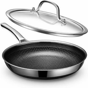 Non Stick Frying Pans, 12-inch with Lid, Nonstick Hybrid Fajita Pans, Stainless Steel Skillets, Dishwasher & Oven-Safe, PFOA Free Cookware, Induction Compatible Cooking Pan