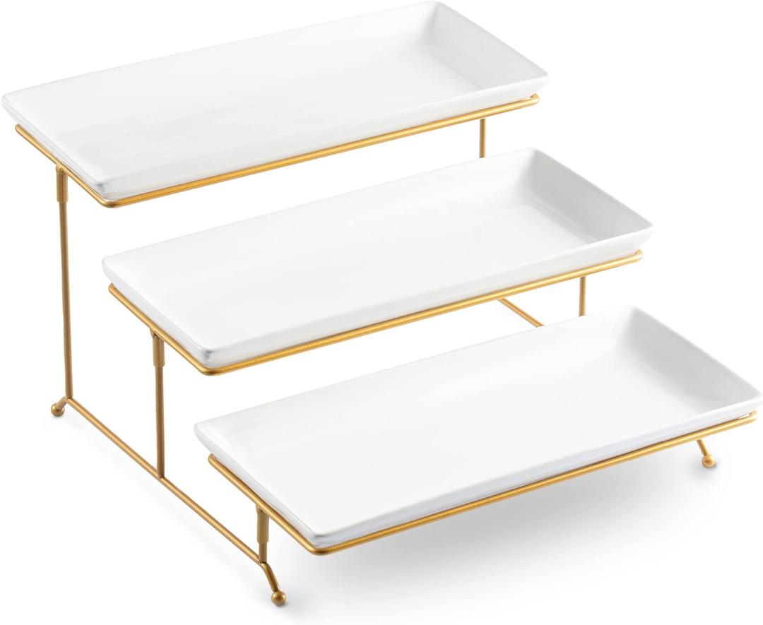 LYEOBOH 3 Tier Serving Stand and Platters Set Large Tiered Serving Platters with Collapsible Sturdier Rack 14 Inches Tiered Serving Tray for Appetizer Fruit, Dessert and Cupcake, White (Gold)