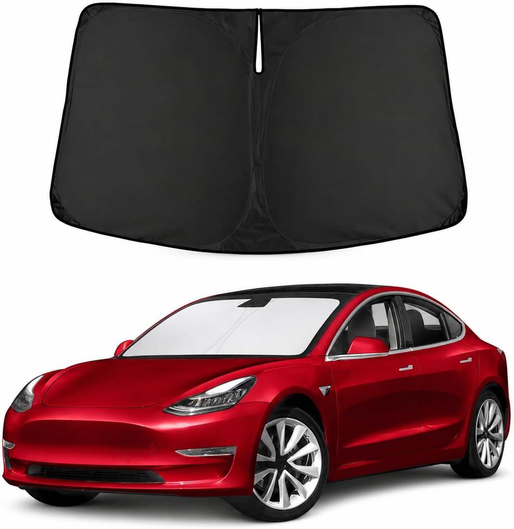 Windshield Sun Shade for Tesla Model 3 and Y - Size (56" x 36"), Premium 280T Reflective Sunshade, Heat Shield, UV Protection Foldable Front Window Sunshade with Storage Pouch, Tesla Car Accessories