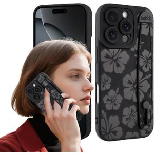 Fiyart Designed for iPhone 16 Pro Case Cute Flowers with Strap Soft TPU Phone Cover Protective Camera Lens Protection for Women Men Floral Bumper with Stand 6.3"-Black
